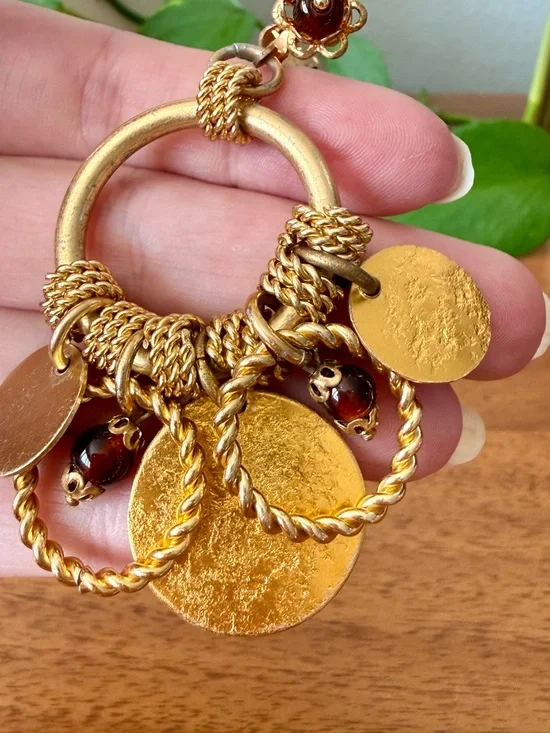 Vintage Boho Coin Disc Chandelier Dangle Hoop Clip On Earrings Brown Glass Beads - Picture 6 of 8